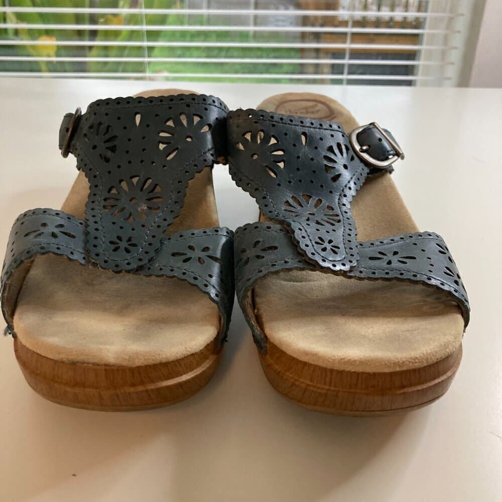 Dansko Sapphire Blue Leather Laser Cutout Buckle Slip on Sandals, Wooden Size 41 - Thumbnail 2