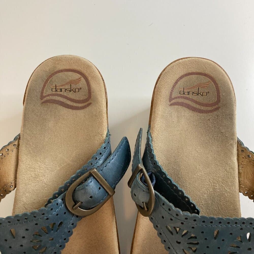 Dansko Sapphire Blue Leather Laser Cutout Buckle Slip on Sandals, Wooden Size 41 - Thumbnail 7