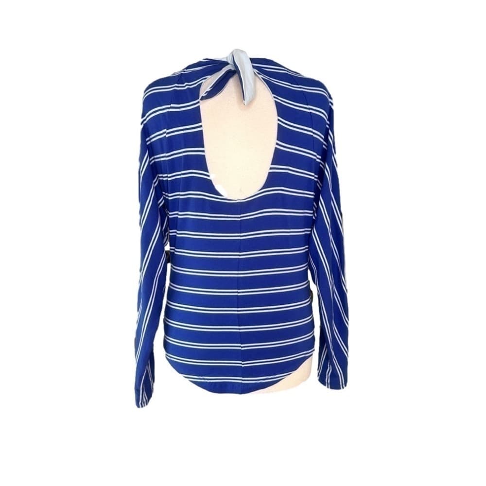 FREE People Size S Blue Stripe High Neck Keyhole Back Long Sleeves - Thumbnail 2