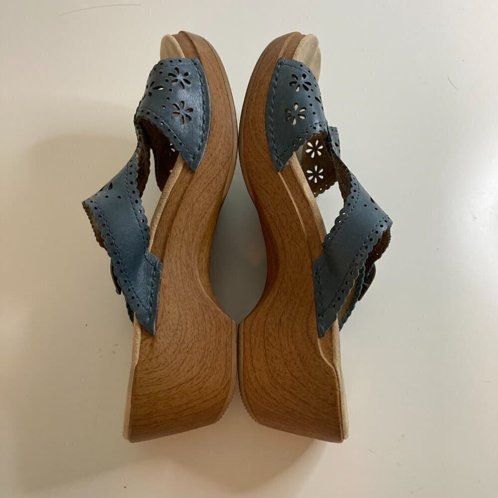 Dansko Sapphire Blue Leather Laser Cutout Buckle Slip on Sandals, Wooden Size 41 - Thumbnail 4