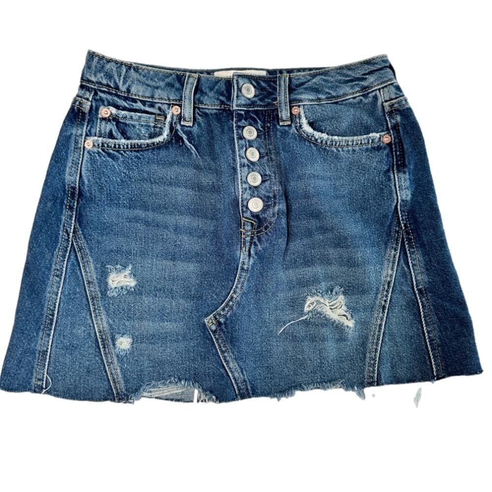 FREE People We the Free From Revolve Button Up Distressed Jean Skirt Size 26 - Thumbnail 4