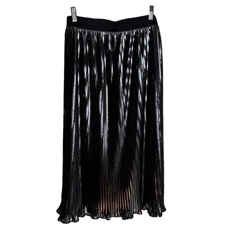 Aqua Size L Black Metallic Pleated Pull On Midi Skirt Party Holiday Brunch Date - Thumbnail 3