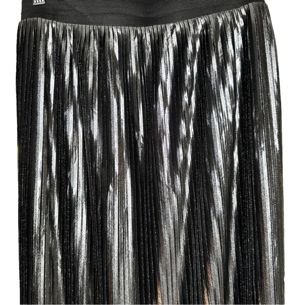 Aqua Size L Black Metallic Pleated Pull On Midi Skirt Party Holiday Brunch Date - Thumbnail 2