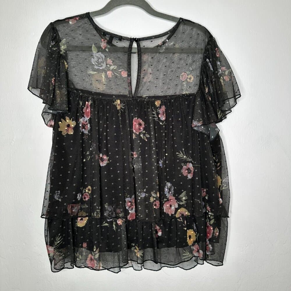 WILLOW Young Contemporary Black Floral Print Mesh Top Size 1X - Thumbnail 4