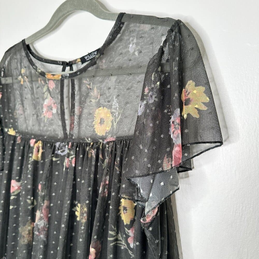 WILLOW Young Contemporary Black Floral Print Mesh Top Size 1X - Thumbnail 3