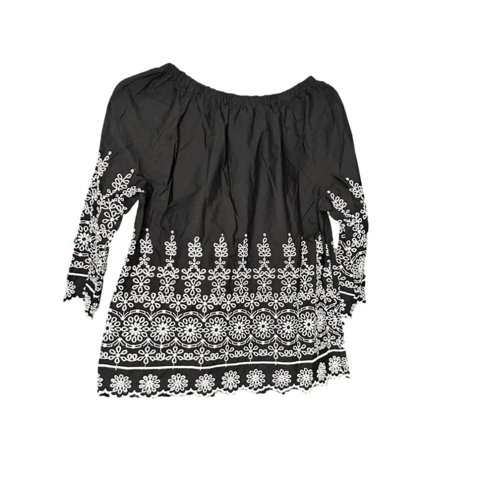 TALBOTS Size MP Black & White Embroidered 3/4 Sleeve Top - Thumbnail 2