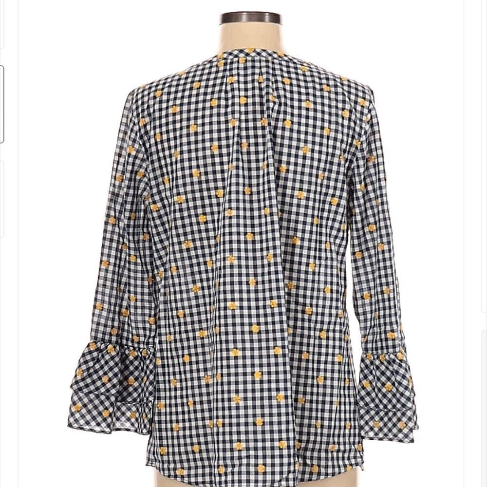 TALBOTS Yellow Flower Buffalo Check Print Long Sleeve Blouse Size M - Thumbnail 2
