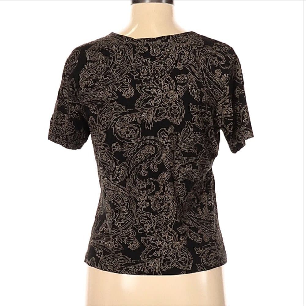 TALBOTS Black & Tan Paisley Print Short Sleeve T-Shirt Size M Petite - Thumbnail 2