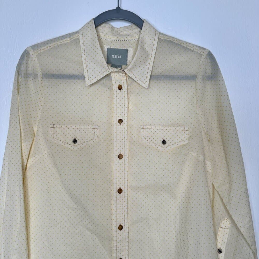 Maeve Anthropologie Shirt Button Up Yellow Textured Polka Dot Long Sleeve Size 6 - Thumbnail 2
