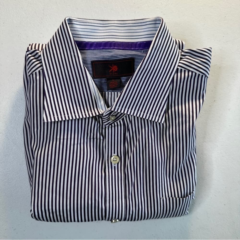 Egara Size L Purple & White Long Sleeve Striped Dress Shirt - Thumbnail 5