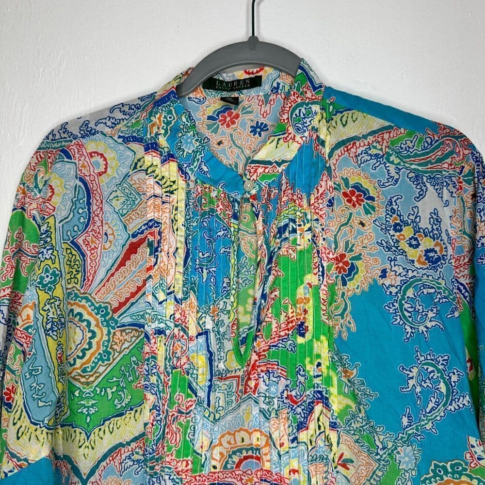 Lauren Ralph Lauren Tunic Top Size 1X Aqua Multicolor Paisley Blouse Lightweight - Thumbnail 2