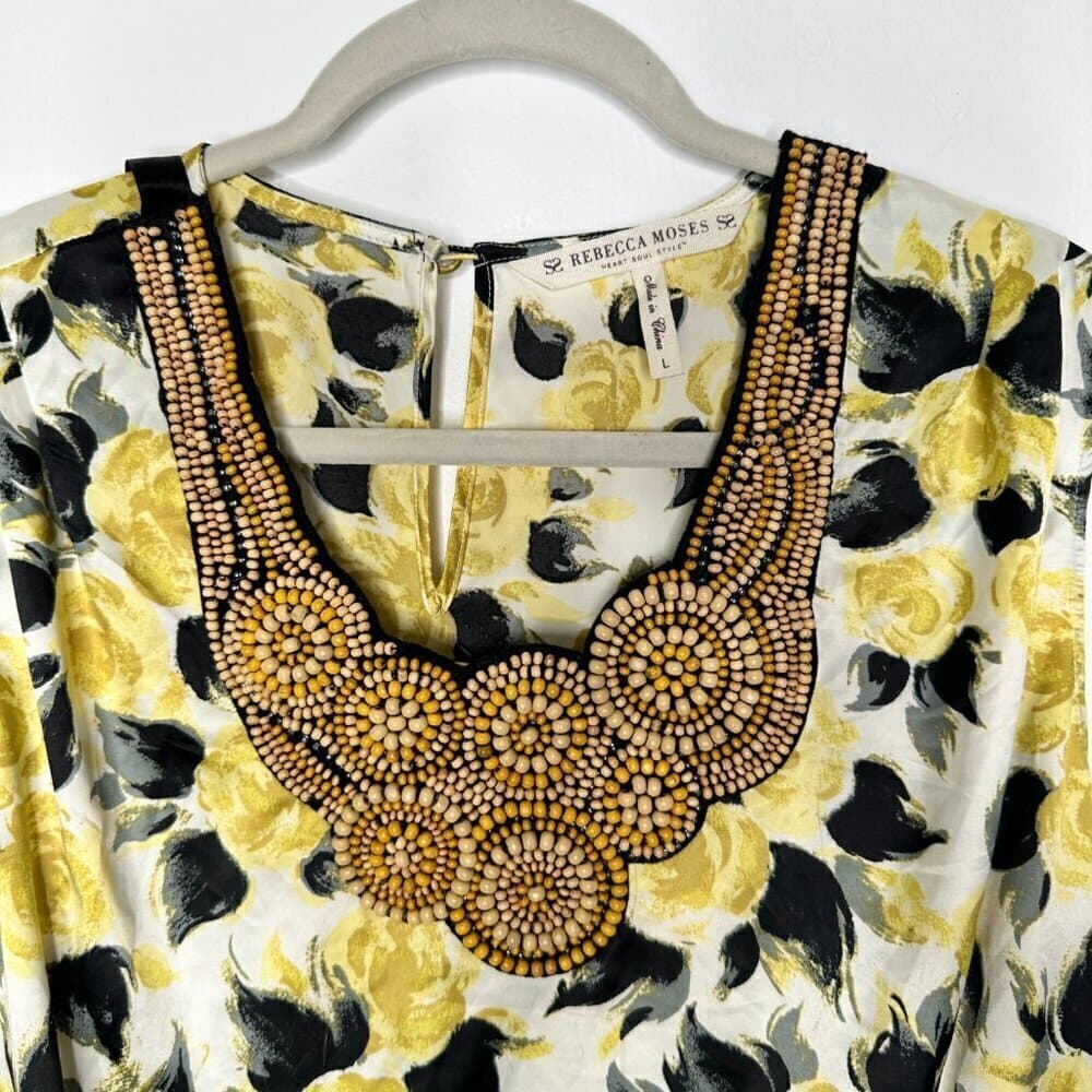 Rebecca Moses Silky Sleeveless Blouse Shirt Top Yellow Roses Beaded Neck Size L - Thumbnail 3