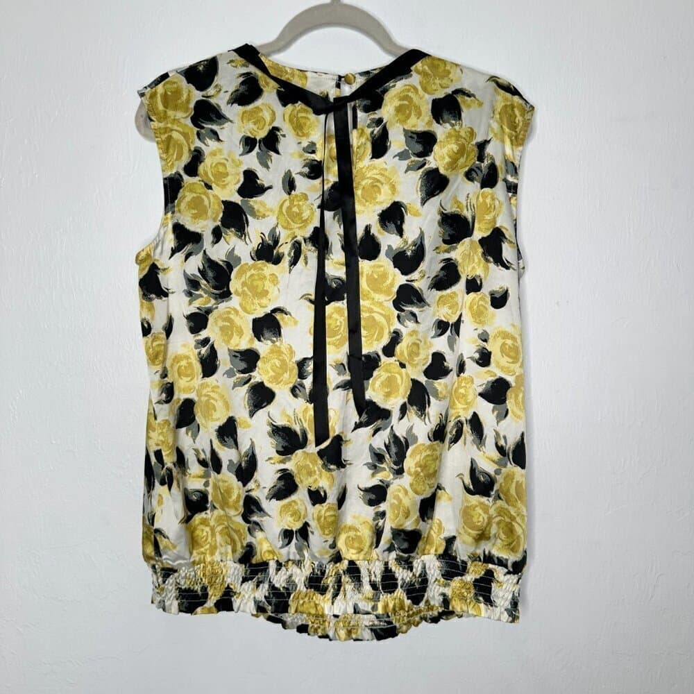 Rebecca Moses Silky Sleeveless Blouse Shirt Top Yellow Roses Beaded Neck Size L - Thumbnail 4