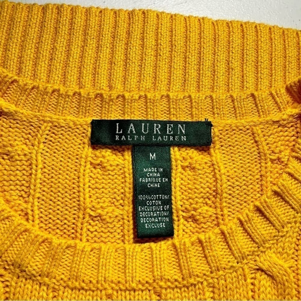 Lauren Ralph Lauren Size M Yellow Cable Knit Long Sleeve Sweater Cotton - Thumbnail 4