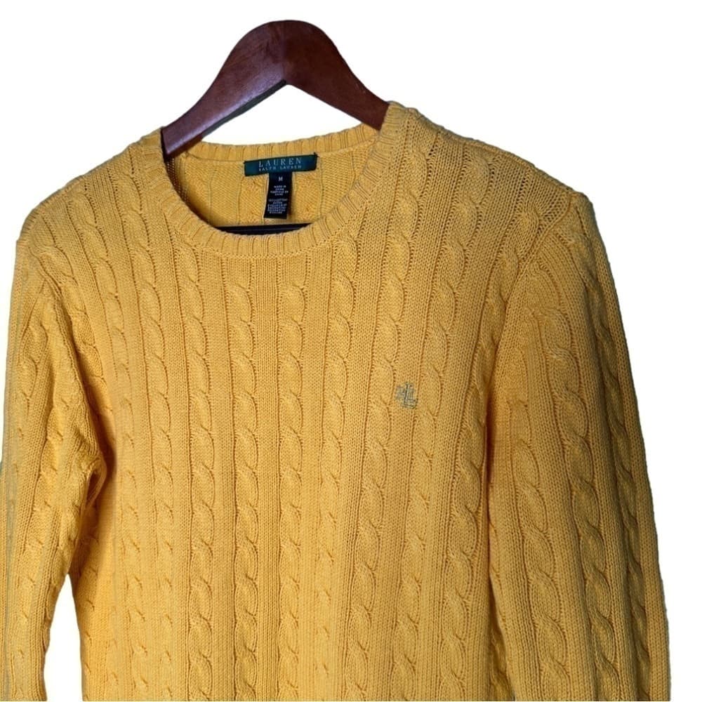 Lauren Ralph Lauren Size M Yellow Cable Knit Long Sleeve Sweater Cotton - Thumbnail 2