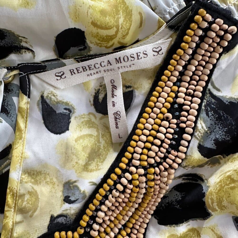 Rebecca Moses Silky Sleeveless Blouse Shirt Top Yellow Roses Beaded Neck Size L - Thumbnail 6