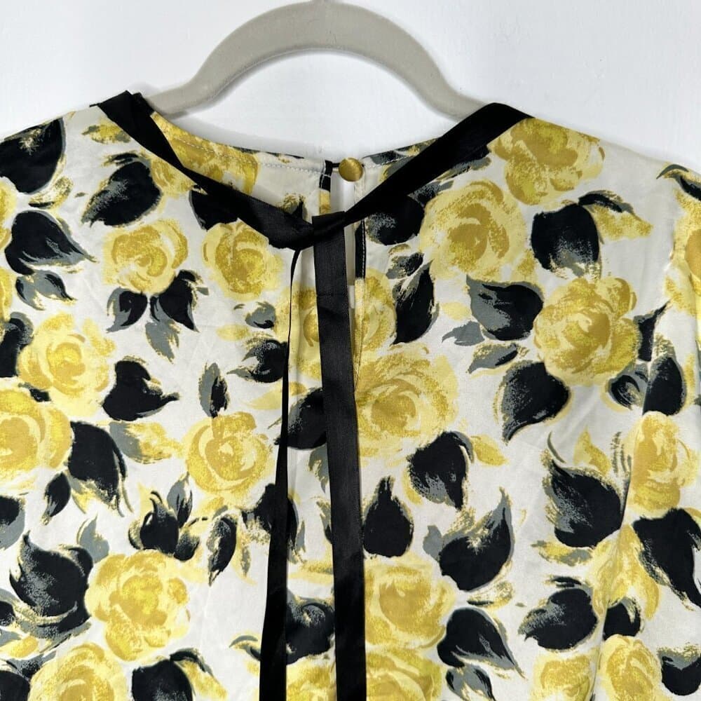 Rebecca Moses Silky Sleeveless Blouse Shirt Top Yellow Roses Beaded Neck Size L - Thumbnail 5