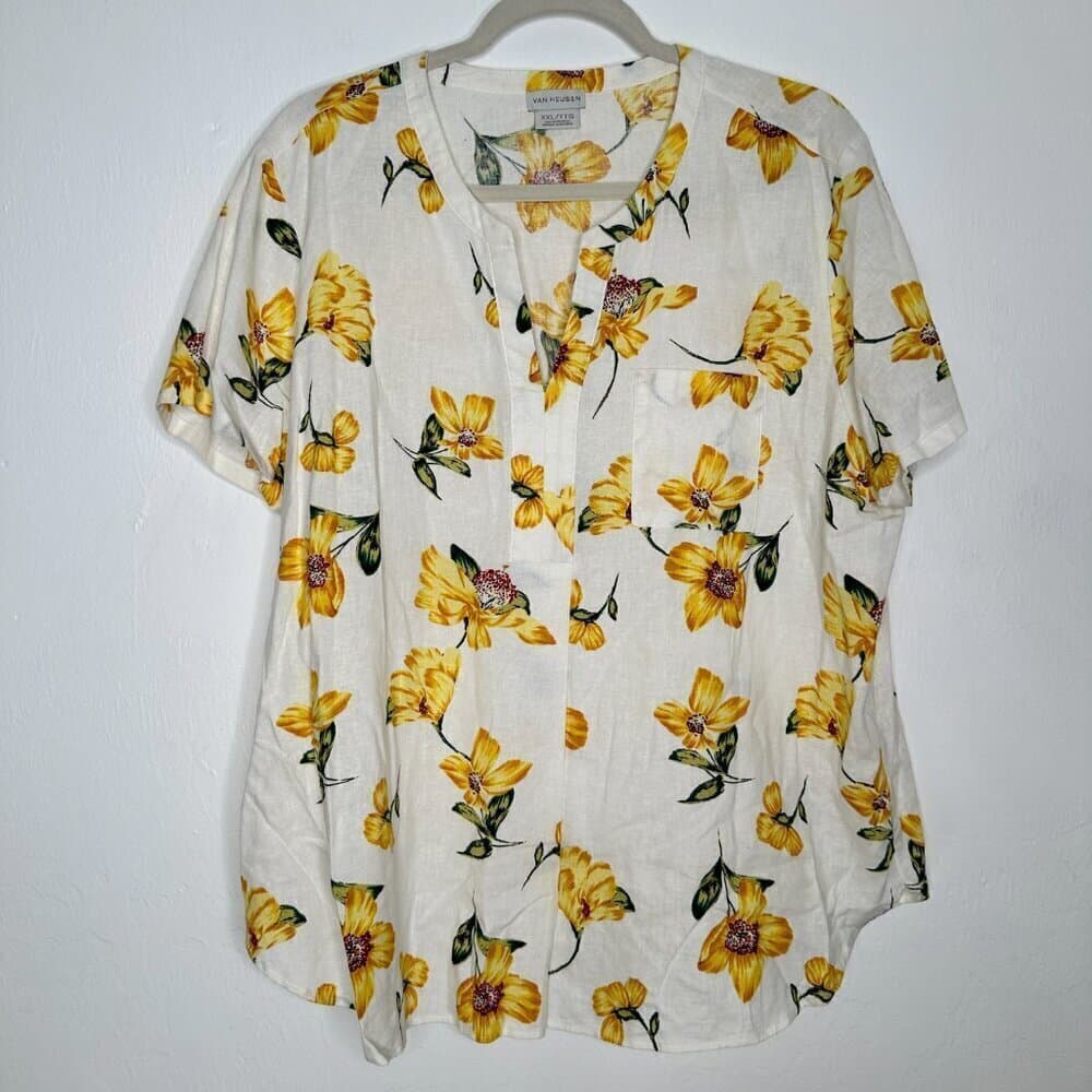 Van Heusen Split Neck Floral Print Blouse Top Linen Blend Size XXL NWTO - Thumbnail 2