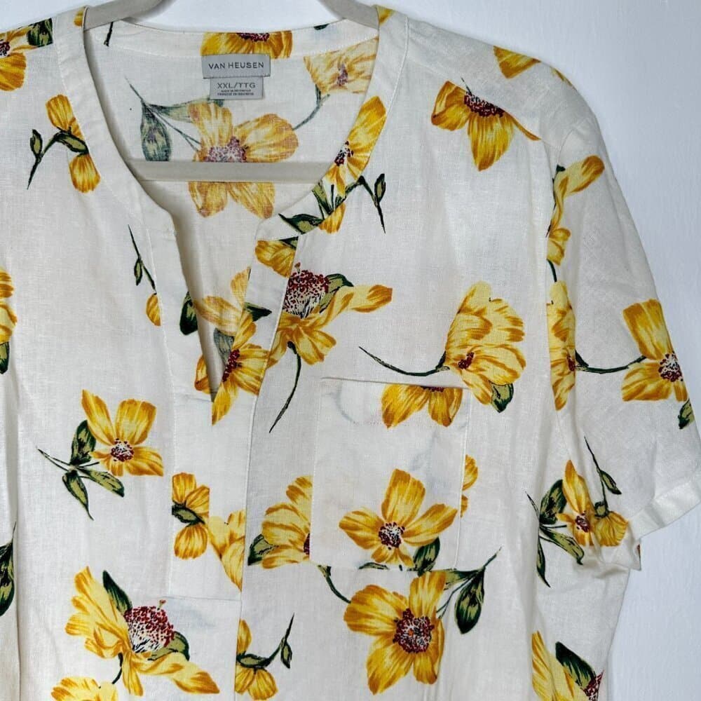 Van Heusen Split Neck Floral Print Blouse Top Linen Blend Size XXL NWTO - Thumbnail 3