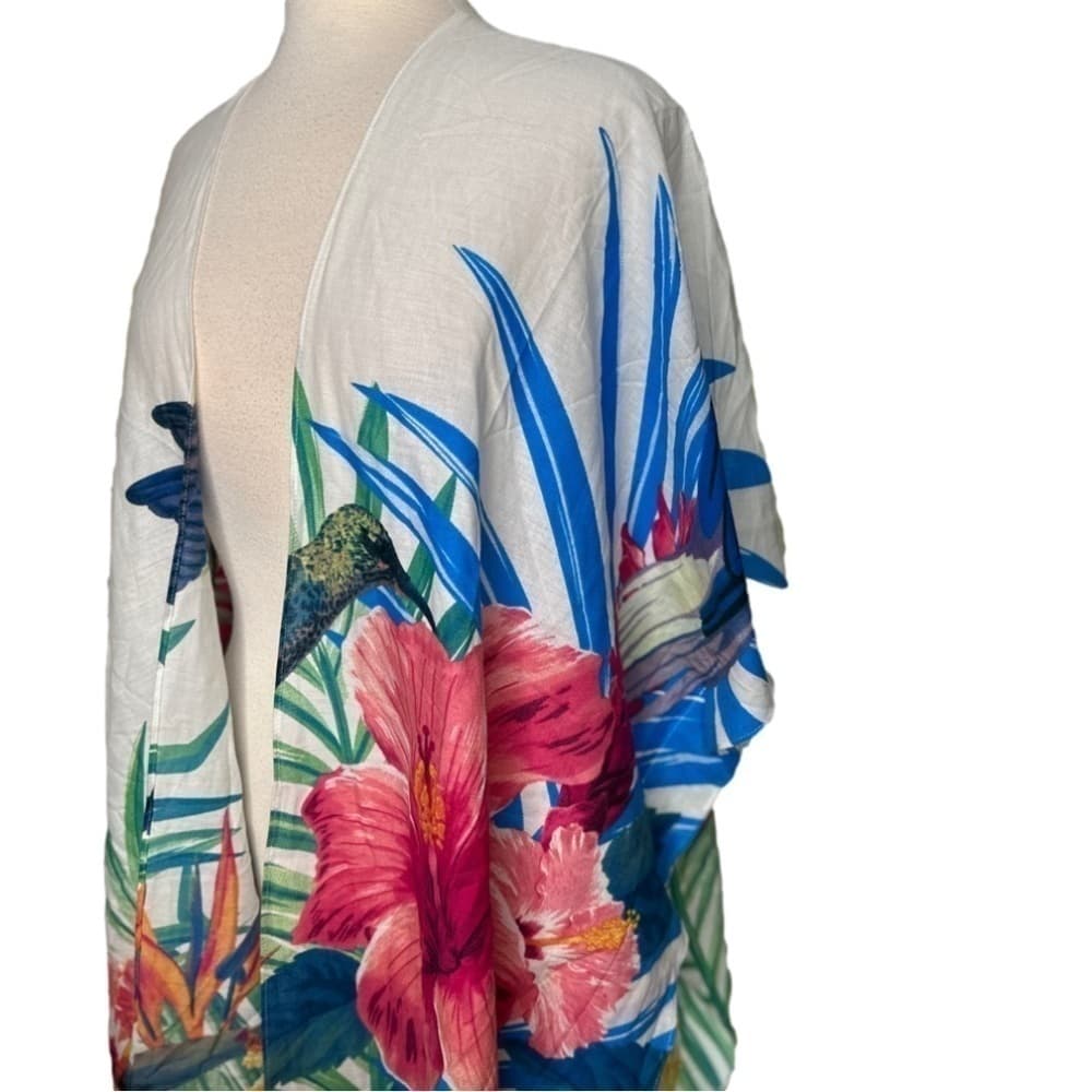 KATE & Mallory Tropical Print Kimono Open Short Sleeve Cardigan One Size - Thumbnail 3