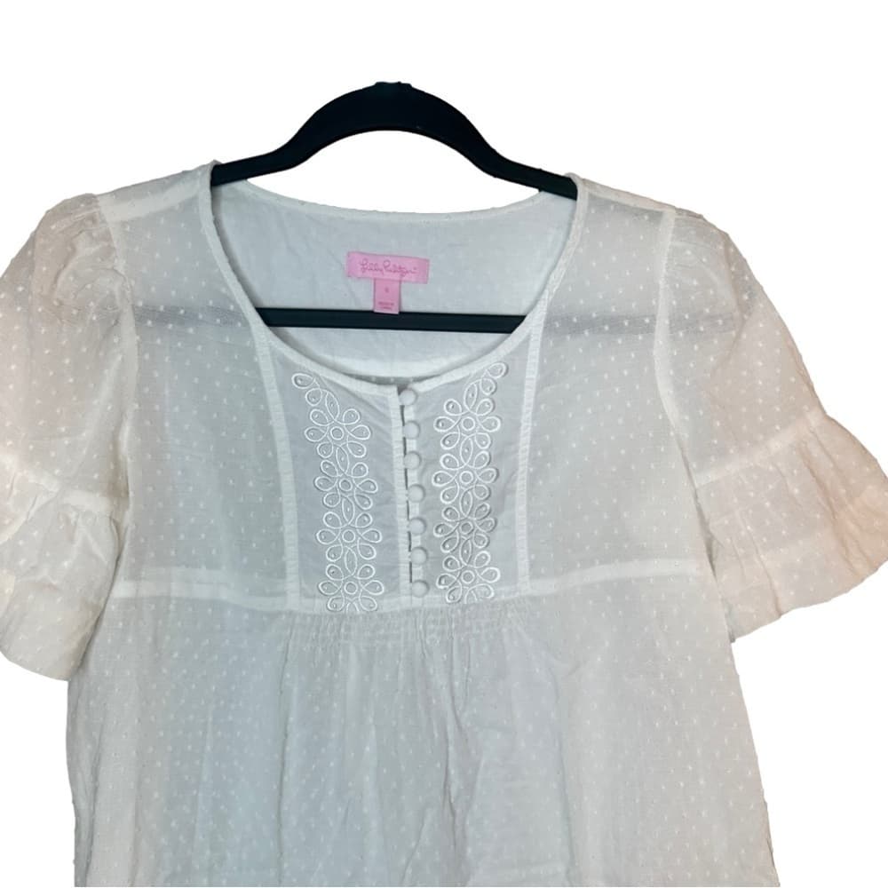 LILLY Pulitzer White Swiss Dot Cotton Embroidered Short Sleeve Blouse Size 0 - Thumbnail 2