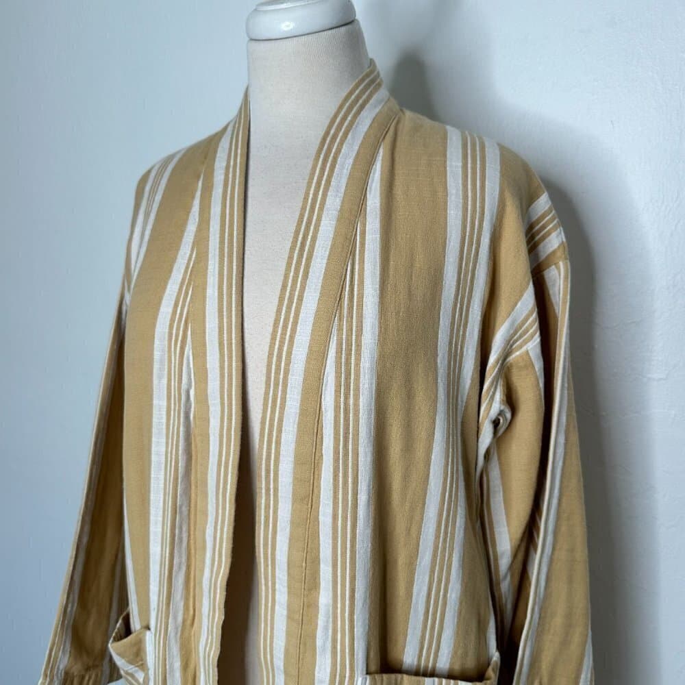 Eileen Fisher Oversize Striped Cotton Kimono Jacket Tan & White Size XXS/XS - Thumbnail 4