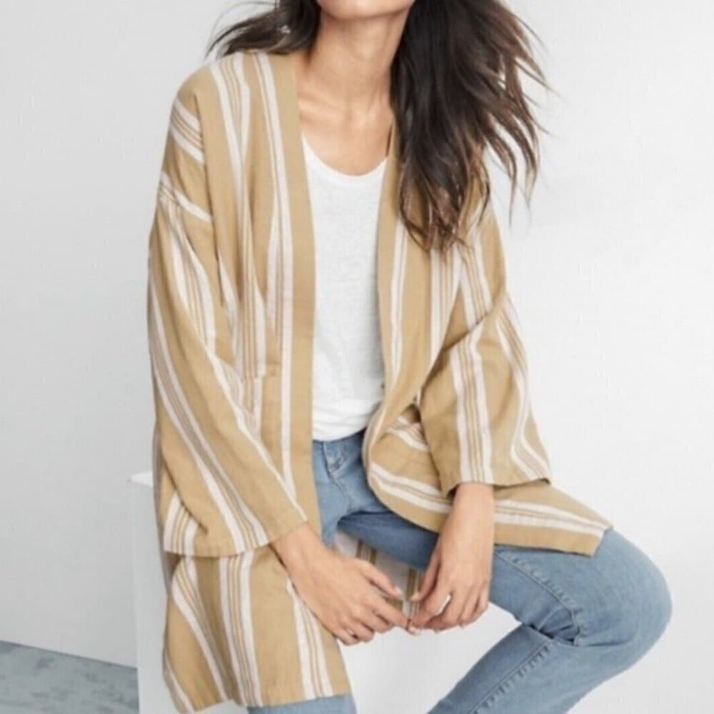 Eileen Fisher Oversize Striped Cotton Kimono Jacket Tan & White Size XXS/XS - Thumbnail 2