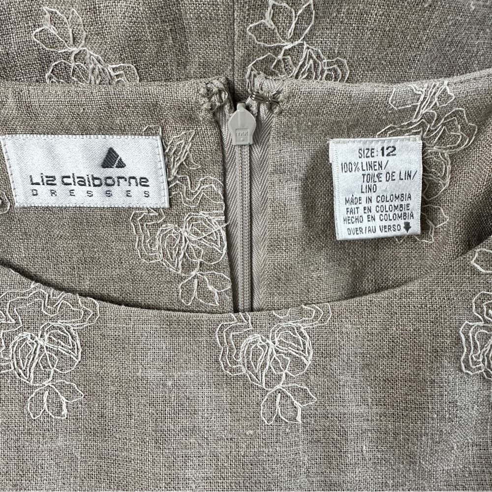 LIZ Claiborne Size 12 Linen Dress Vintage Embroidered Flowers Summer Office - Thumbnail 5