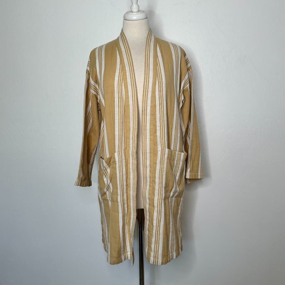 Eileen Fisher Oversize Striped Cotton Kimono Jacket Tan & White Size XXS/XS - Thumbnail 3