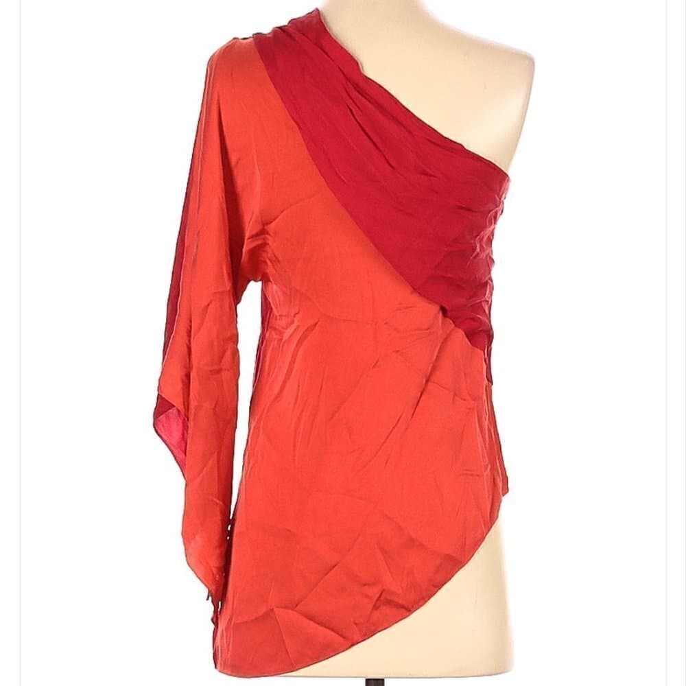 ELIE Tahari One Shoulder Long Sleeve Sexy Silk Red & Orange Top Size XS - Thumbnail 2