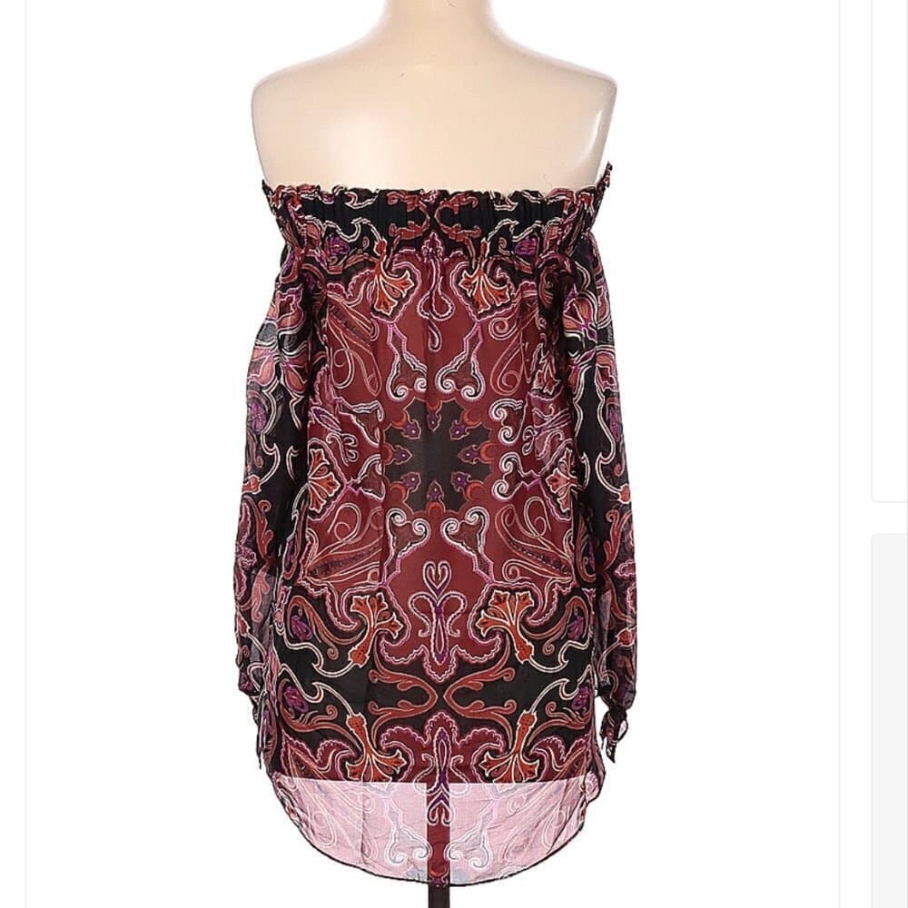 RACHEL Zoe Size 4 Long Sleeve Silk Top Boho Festival Off Shoulder - Thumbnail 2
