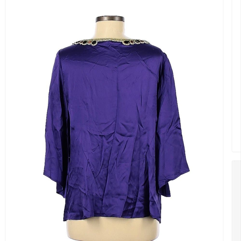 Catherine Malandrino Purple Beaded 3/4 Sleeve Silk Top Size 8 - Thumbnail 2