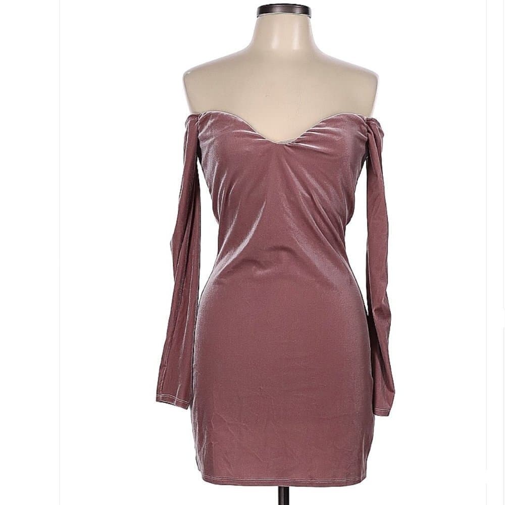 REVOLVE NBD Clara Pink Velour Off Shoulder Long Sleeve Mini Dress Size L - Thumbnail 4