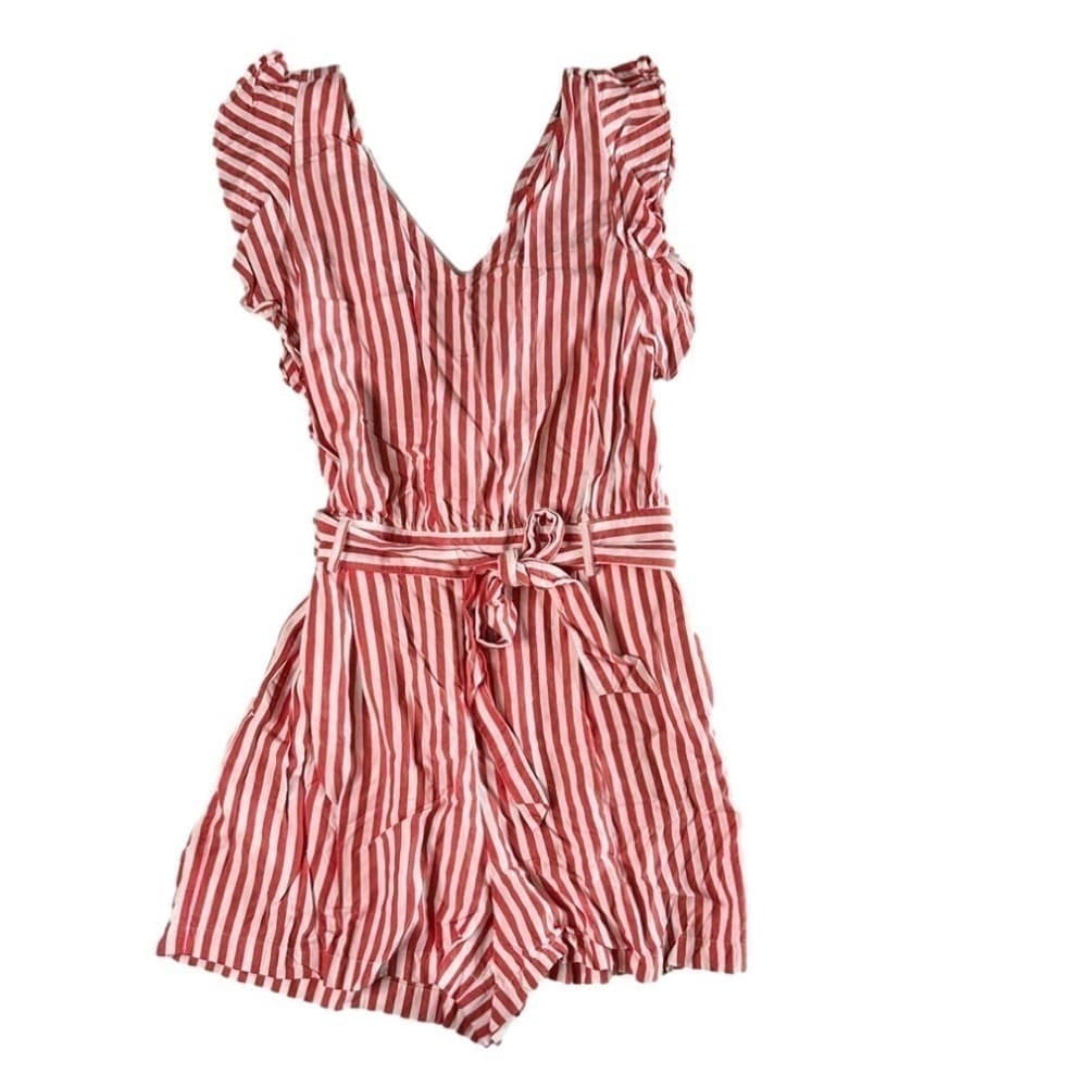ANN Taylor Loft Size 10P Romper Sleeveless Ruffle Tie Summer Coastal Spring - Thumbnail 2