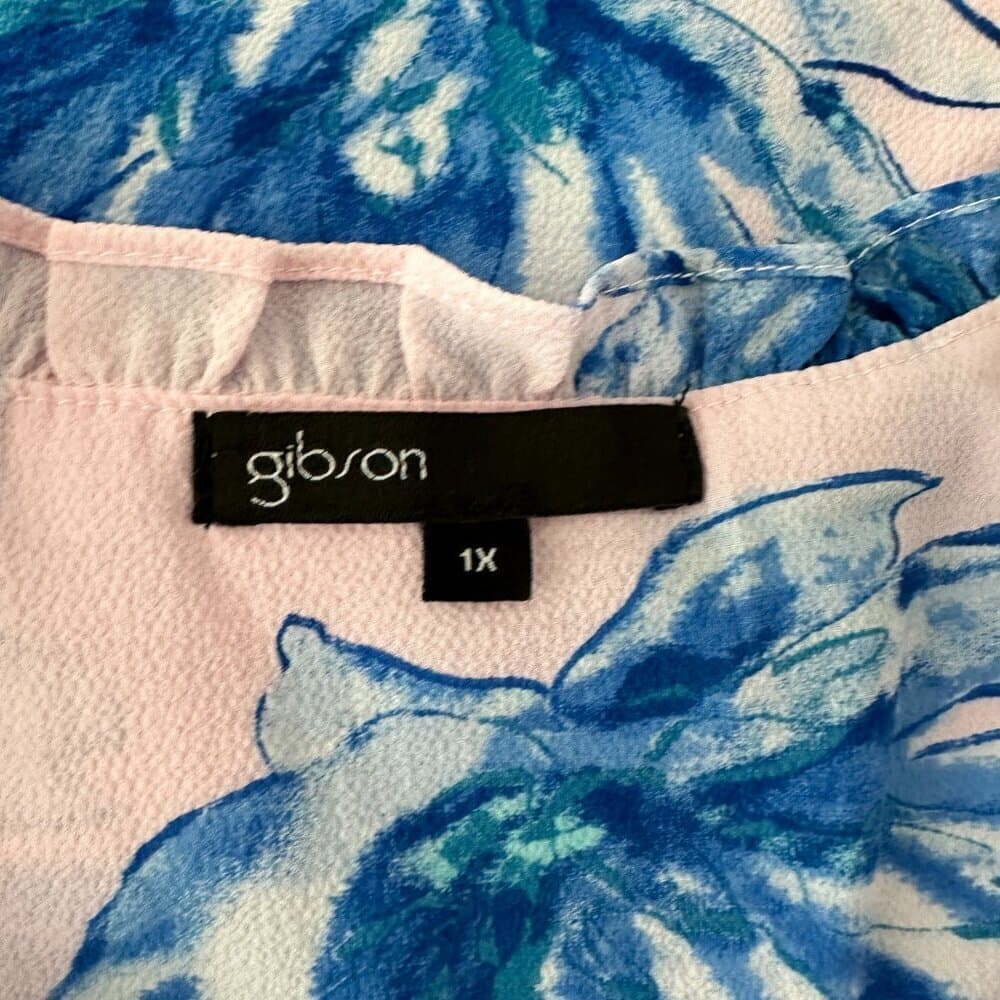 Gibson Ruffle Neck Pink & Blue Floral Lined Blouse Size 1X - Thumbnail 8