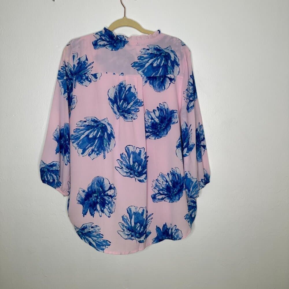 Gibson Ruffle Neck Pink & Blue Floral Lined Blouse Size 1X - Thumbnail 7