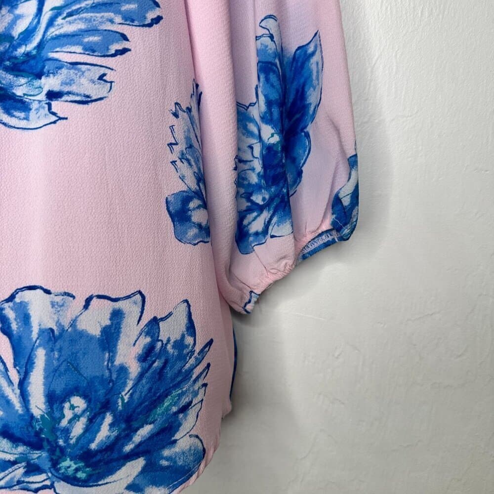 Gibson Ruffle Neck Pink & Blue Floral Lined Blouse Size 1X - Thumbnail 4