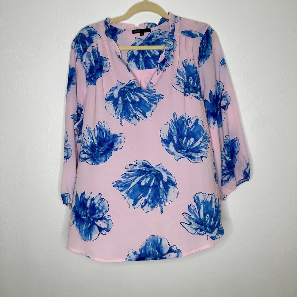 Gibson Ruffle Neck Pink & Blue Floral Lined Blouse Size 1X - Thumbnail 2