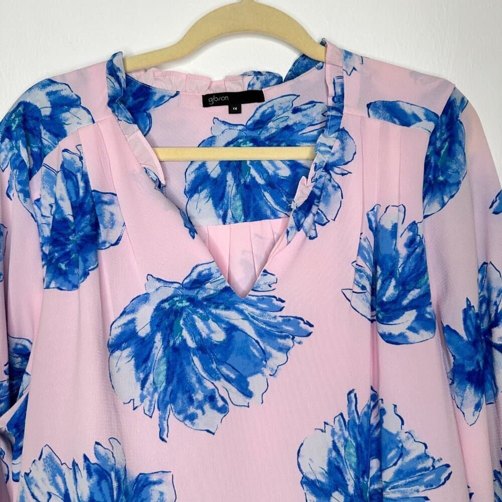 Gibson Ruffle Neck Pink & Blue Floral Lined Blouse Size 1X - Thumbnail 3