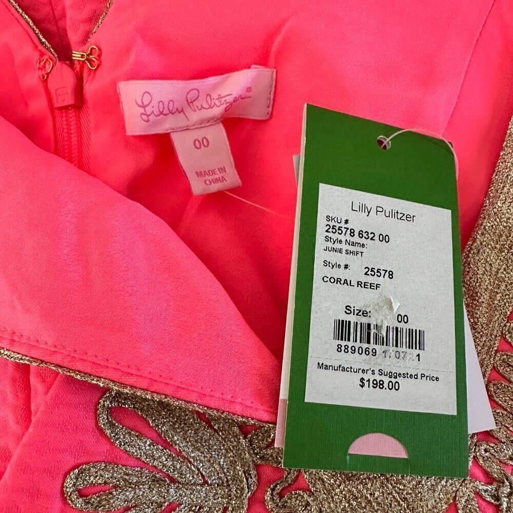 Lilly Pulitzer Junie Shift Dress Coral Reef Hot Pink Gold Mini Size 00 NEW - Thumbnail 6