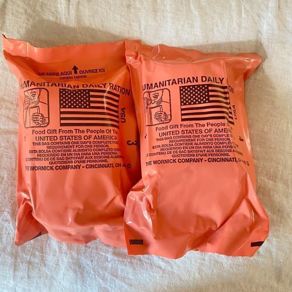 2 NEW HUMANITARIAN MREs [Inspection 12/20] Meals Ready To Eat