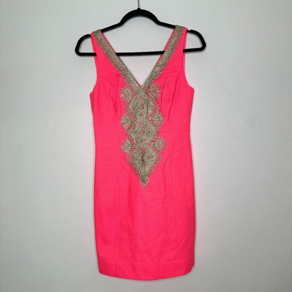 Lilly Pulitzer Junie Shift Dress Coral Reef Hot Pink Gold Mini Size 00 NEW - Thumbnail 2