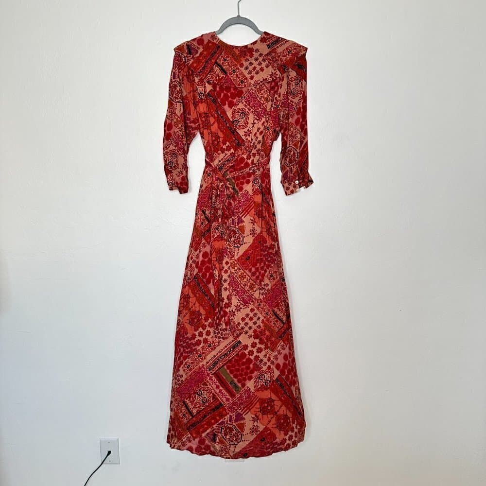 Free People Orange Patterned Lennon Button Down Ruffle Maxi Dress Size S NEW - Thumbnail 6