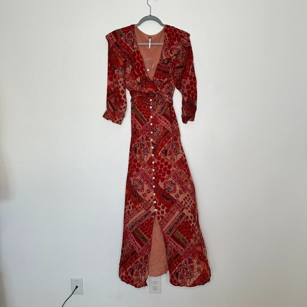 Free People Orange Patterned Lennon Button Down Ruffle Maxi Dress Size S NEW - Thumbnail 2
