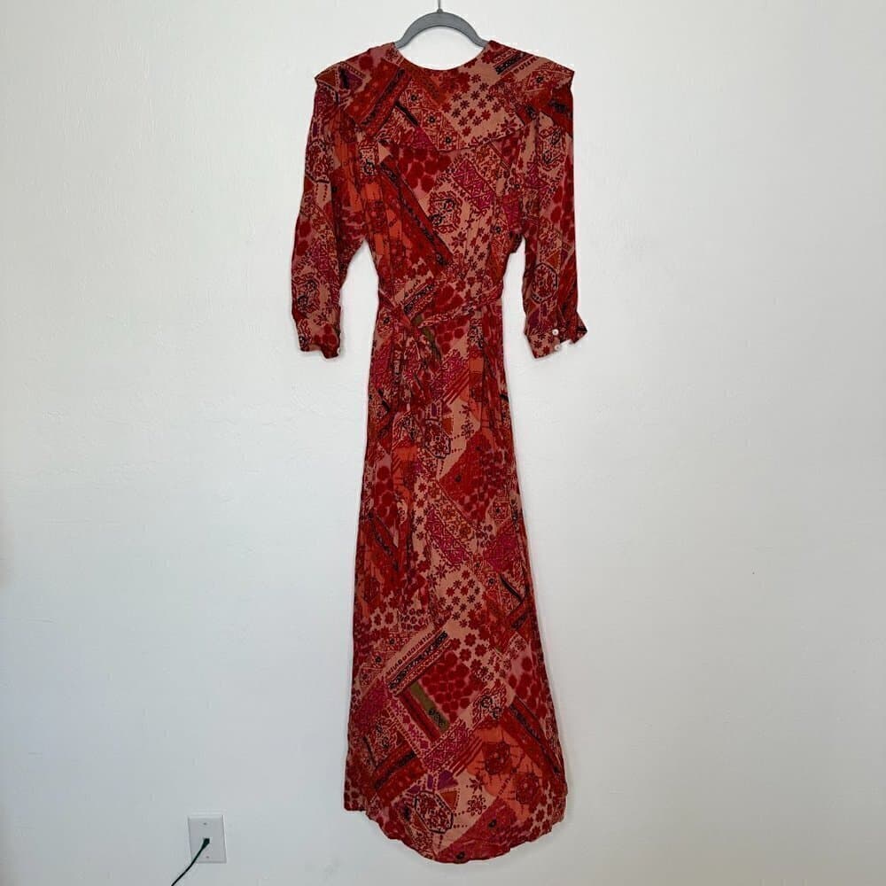 Free People Orange Patterned Lennon Button Down Ruffle Maxi Dress Size S NEW - Thumbnail 5