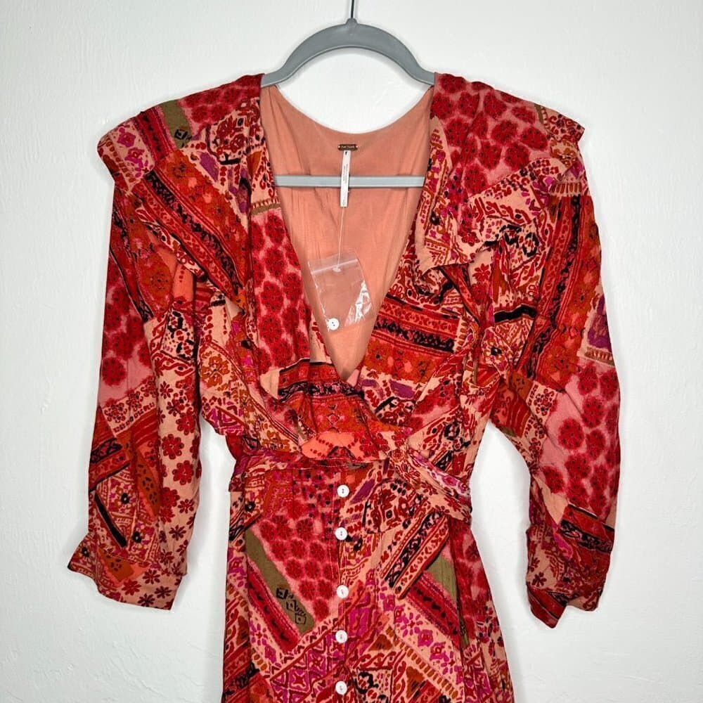 Free People Orange Patterned Lennon Button Down Ruffle Maxi Dress Size S NEW - Thumbnail 3