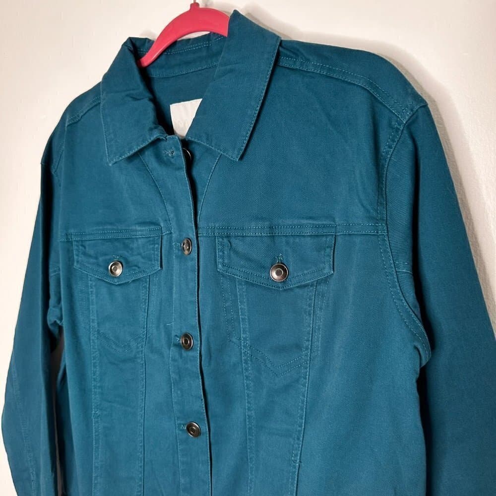Wavvy Jacket Women Size M Teal Cotton Long Sleeve Pocket Collared Button Down - Thumbnail 2
