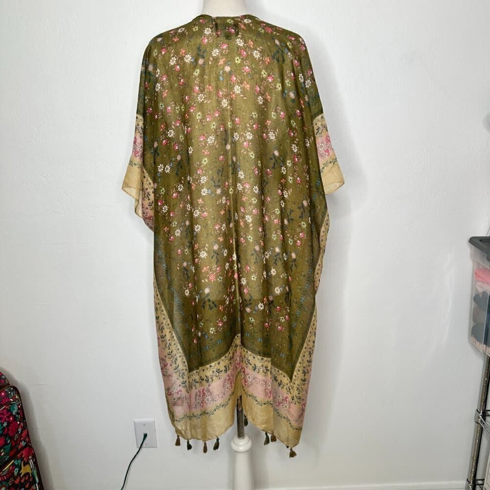Angie Green Floral Lightweight Open Tassel Cape Cardigan Wrap One Size - Thumbnail 7
