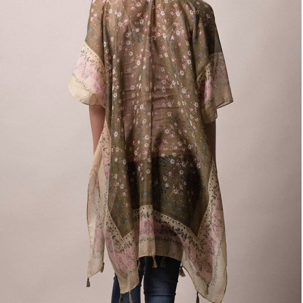 Angie Green Floral Lightweight Open Tassel Cape Cardigan Wrap One Size - Thumbnail 2