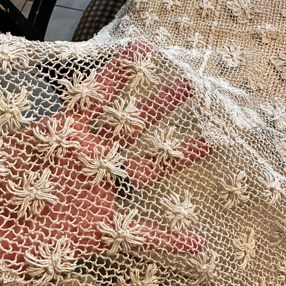 Vtg Lace Tablecloth Flower Runner Hand Crocheted 80 by 62" - Thumbnail 3